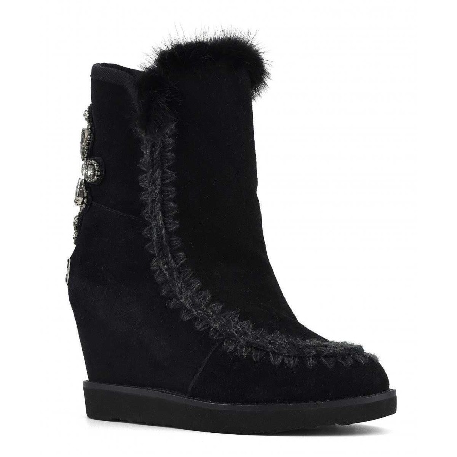 Vrouwen Mou boots Binnenste Wig | Franse Teen Wedge Back Patch Kruis Zwart