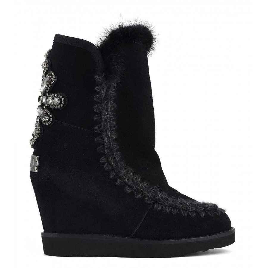 Vrouwen Mou boots Binnenste Wig | Franse Teen Wedge Back Patch Kruis Zwart