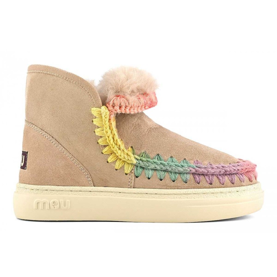 Vrouwen Mou boots Vet En Joggers | Eskimo Sneaker Opvallende Regenboogstiksels Kameel