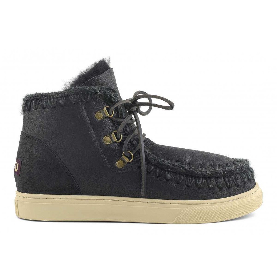 Man Mou boots Sneakers | Eskimo Sneaker Met Veters Voor Heren Gebarsten Zwart/Grijs