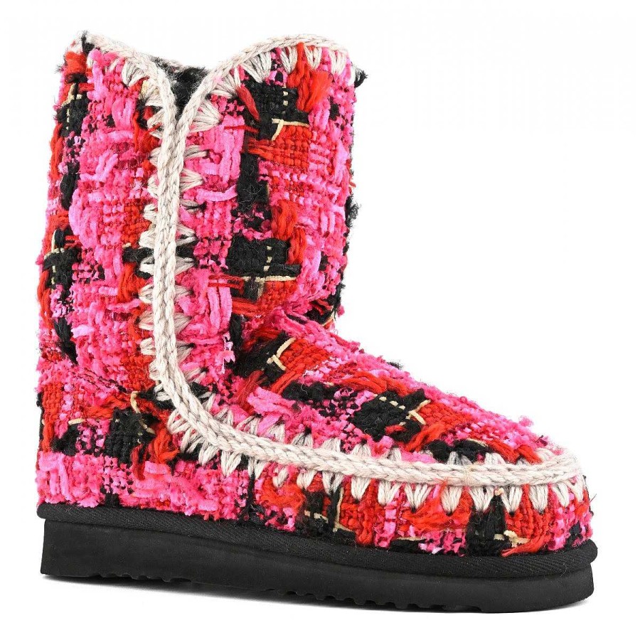 Vrouwen Mou boots Enkel Laarzen | Eskimo 24 Textiel Grote Tartan Grote Schotse Ruit Roze