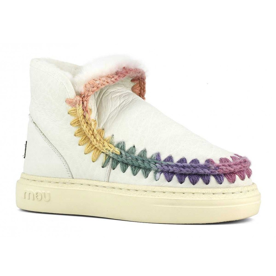 Vrouwen Mou boots Vet En Joggers | Eskimo Sneaker Opvallende Regenboogstiksels Nubuck Echt Wit